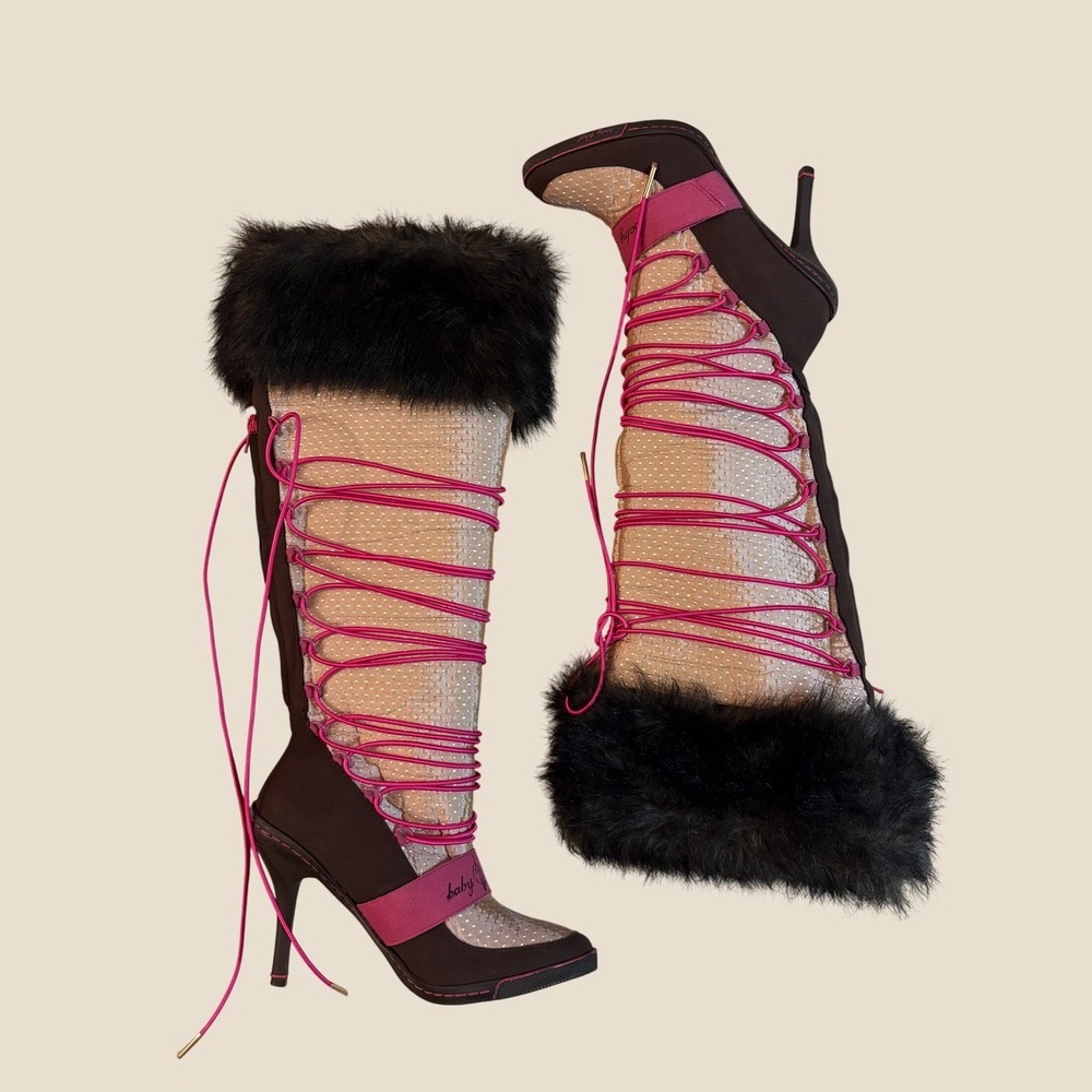 Y2K Rare Baby Phat Grail Faux Fur Stiletto Boots Pink Lace Up Knee High Vintage